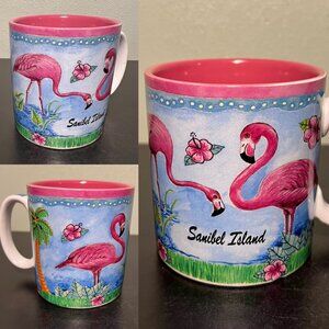 Sanibel Island FLORIDA Pink Flamingoes ~ Hibiscus Flowers ~ Palms ~ Souvenir Mug